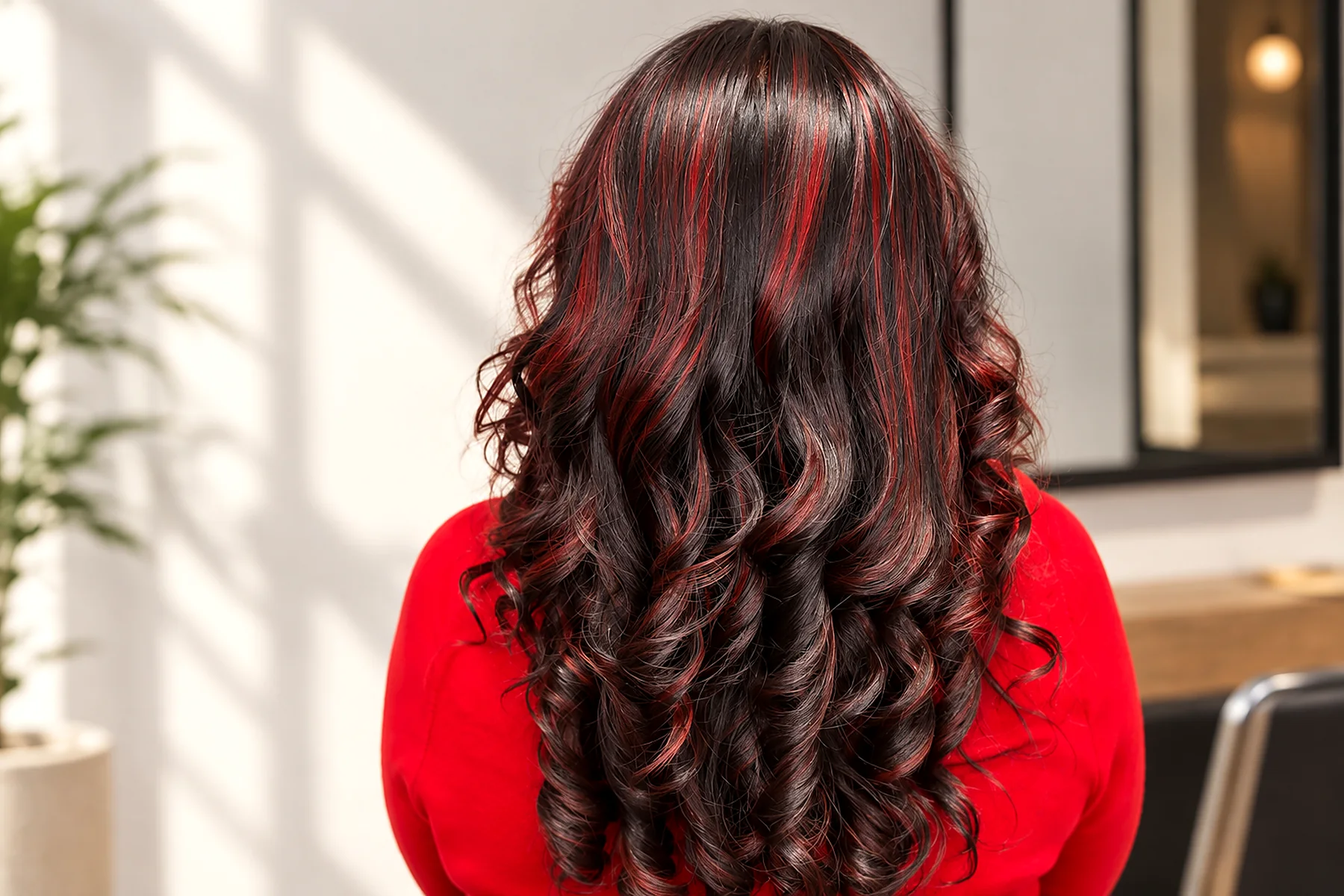 Dark hair with vivid red creative highlights