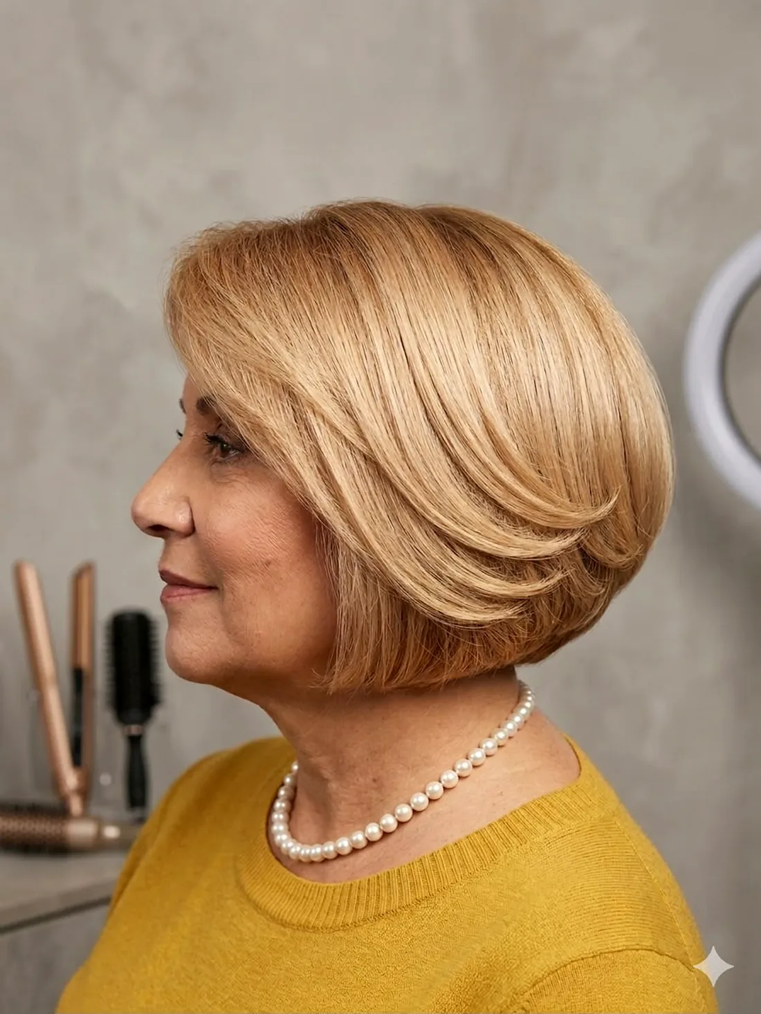 Blonde layered bob, side profile